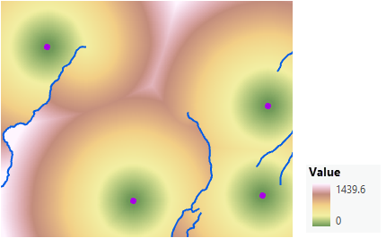 Map of straight-line distance adjusting for barriers and the surface distance Map of straight-line distance adjusting for barriers and the surface distance